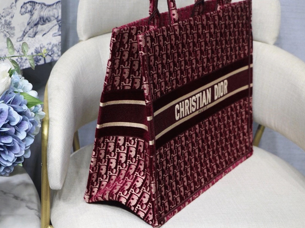 Dior Large Book Tote Bag Fake in Bordeaux Oblique Embroidered Velvet