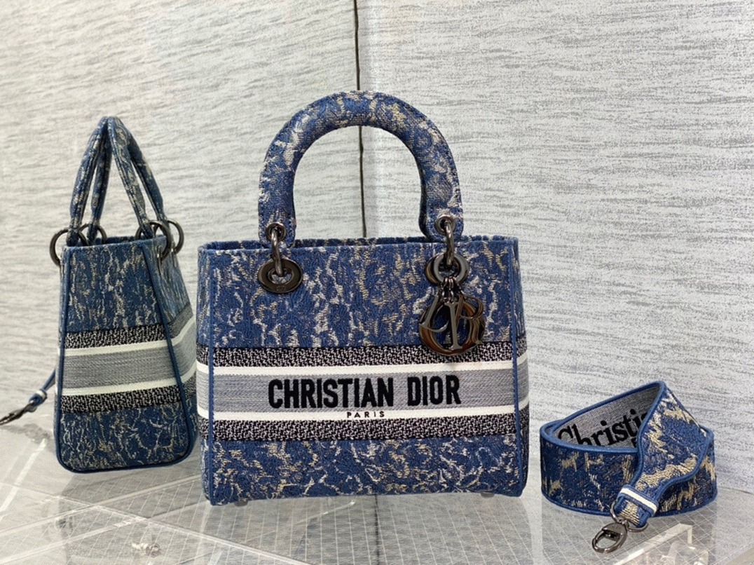 Dior Lady D-Lite Medium Bag Replica in Blue Brocart Denim-Effect Embroidery