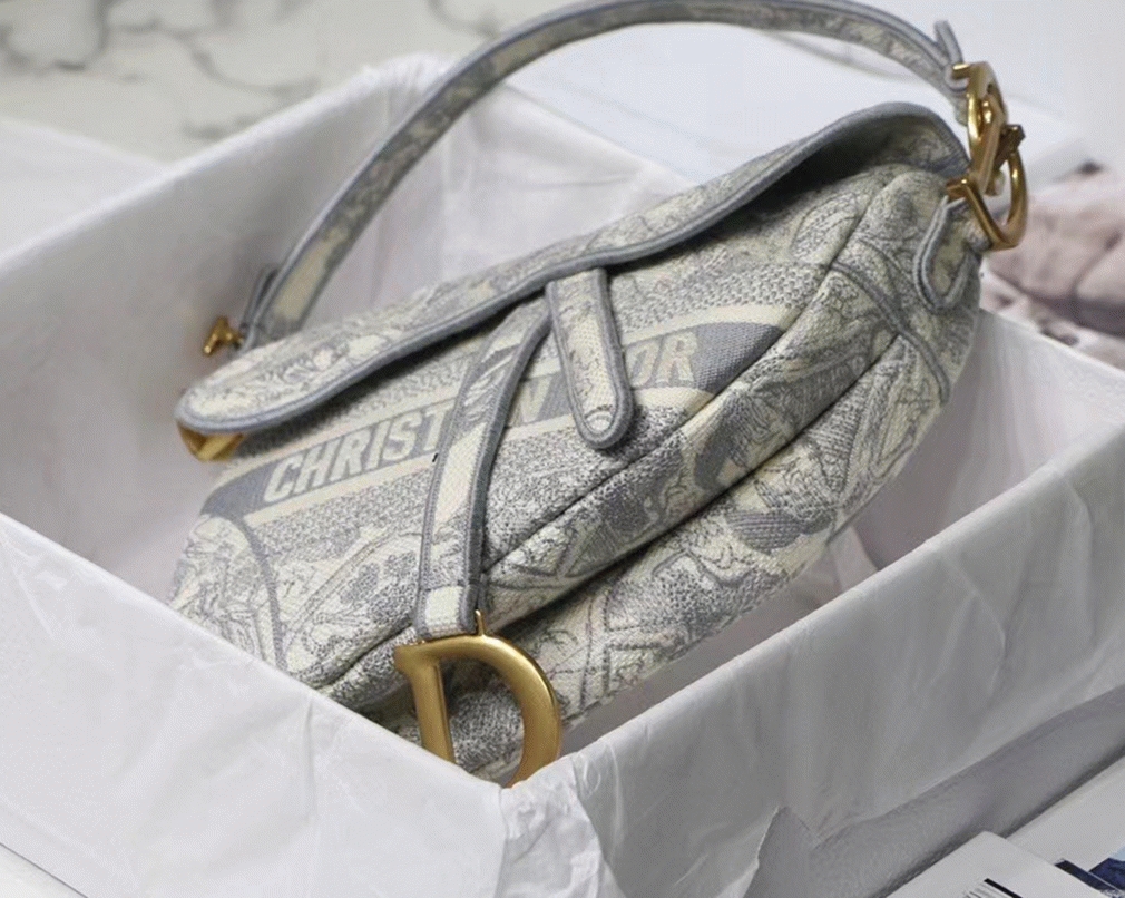 Dior Saddle Bag Fake in Grey Toile de Jouy Embroidery