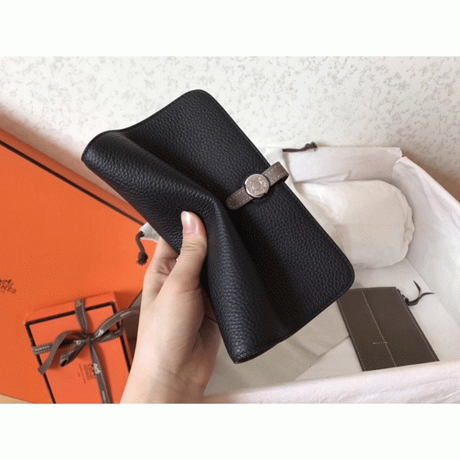 Black taupe knockoff Hermes Dogon duo wallet