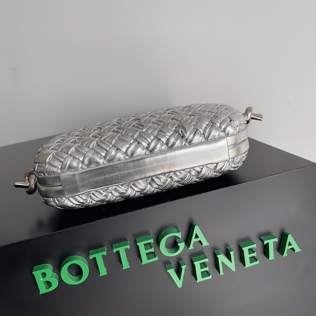 Fake Bottega Veneta Knot Minaudiere On Strap Silver Intreccio Laminated Leather
