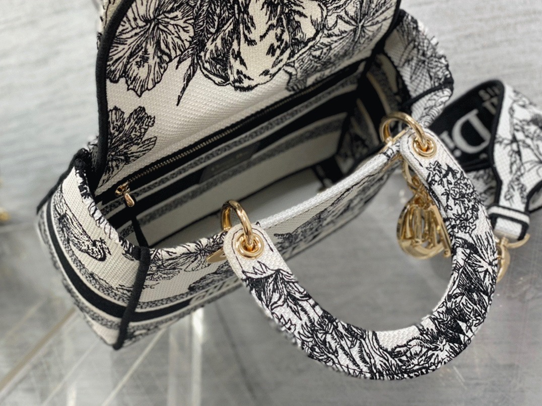 Dior Lady D-Lite Medium Bag Knockoff in White Toile de Jouy Voyage Embroidery