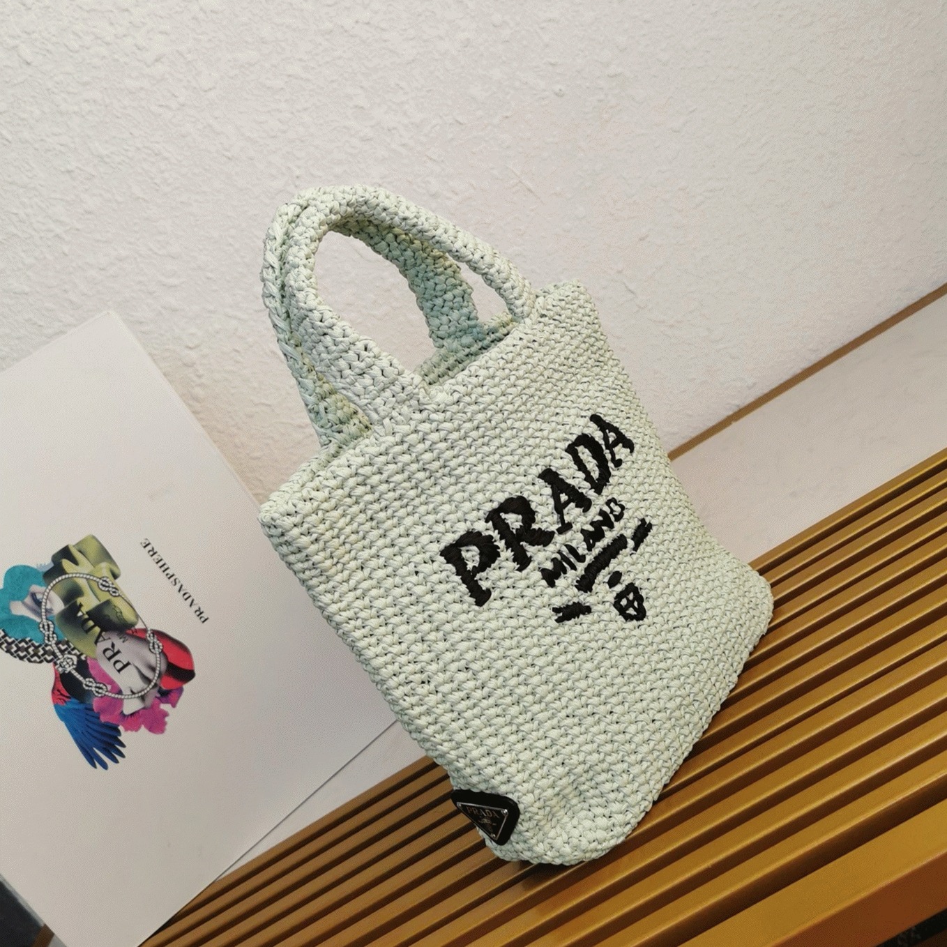 Prada Small Crochet Tote Bag Replica in Aqua Raffia-effect Yarn