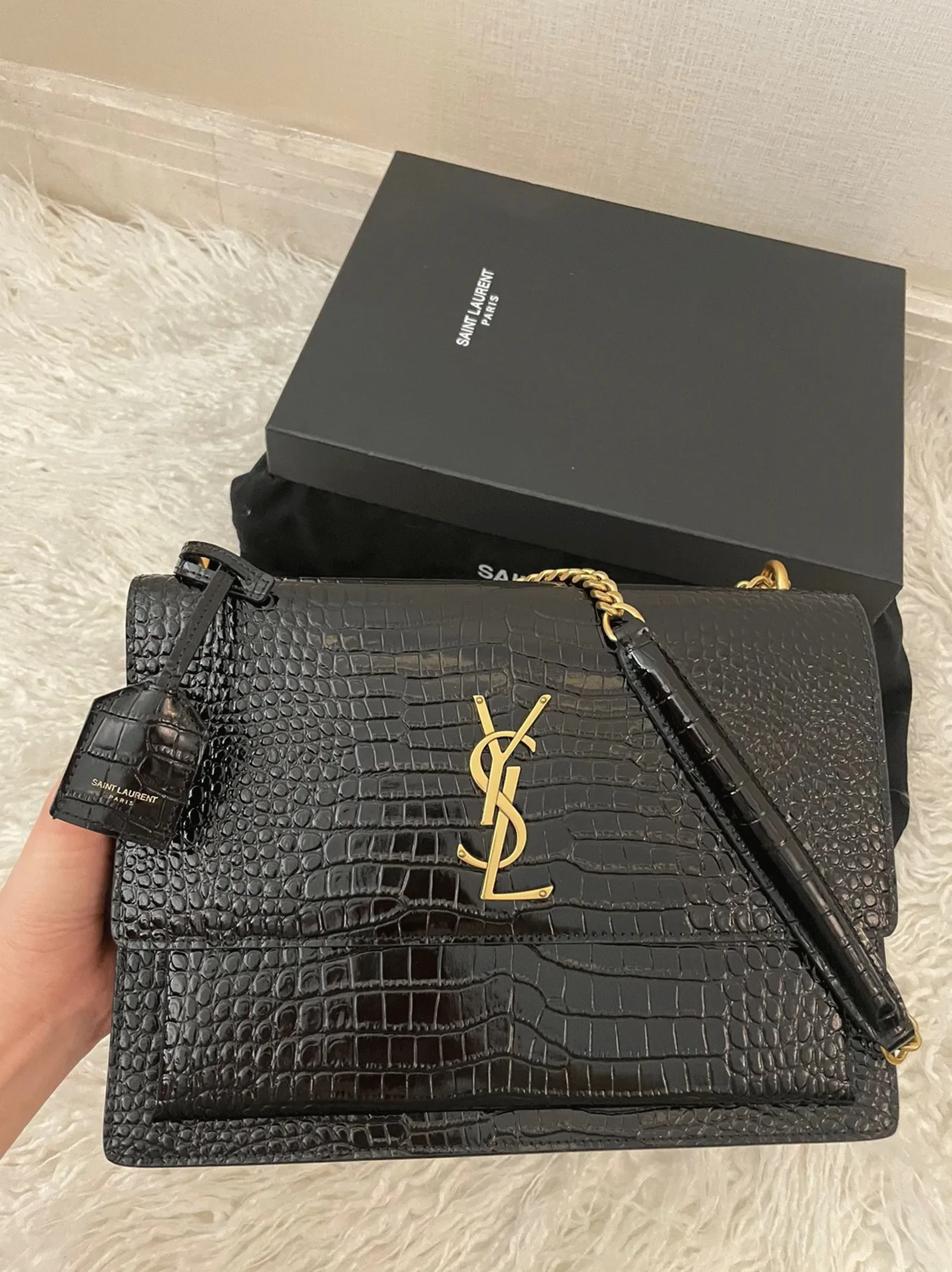 Black Croc-Embossed Leather YSL Sunset Medium Chain Replica Bag