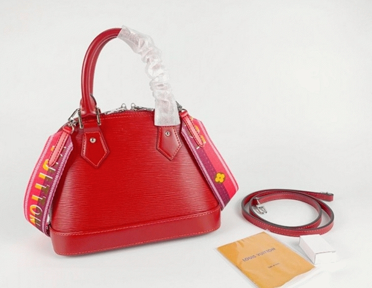 Louis Vuitton Epi Leather Alma BB Handbag In Red With Jacquard Strap