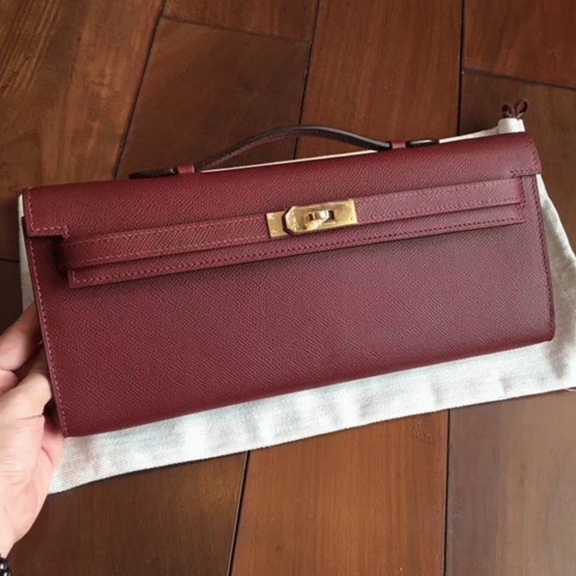 Bordeaux Epsom Fake Hermes Kelly Cut Clutch Sleek Purse