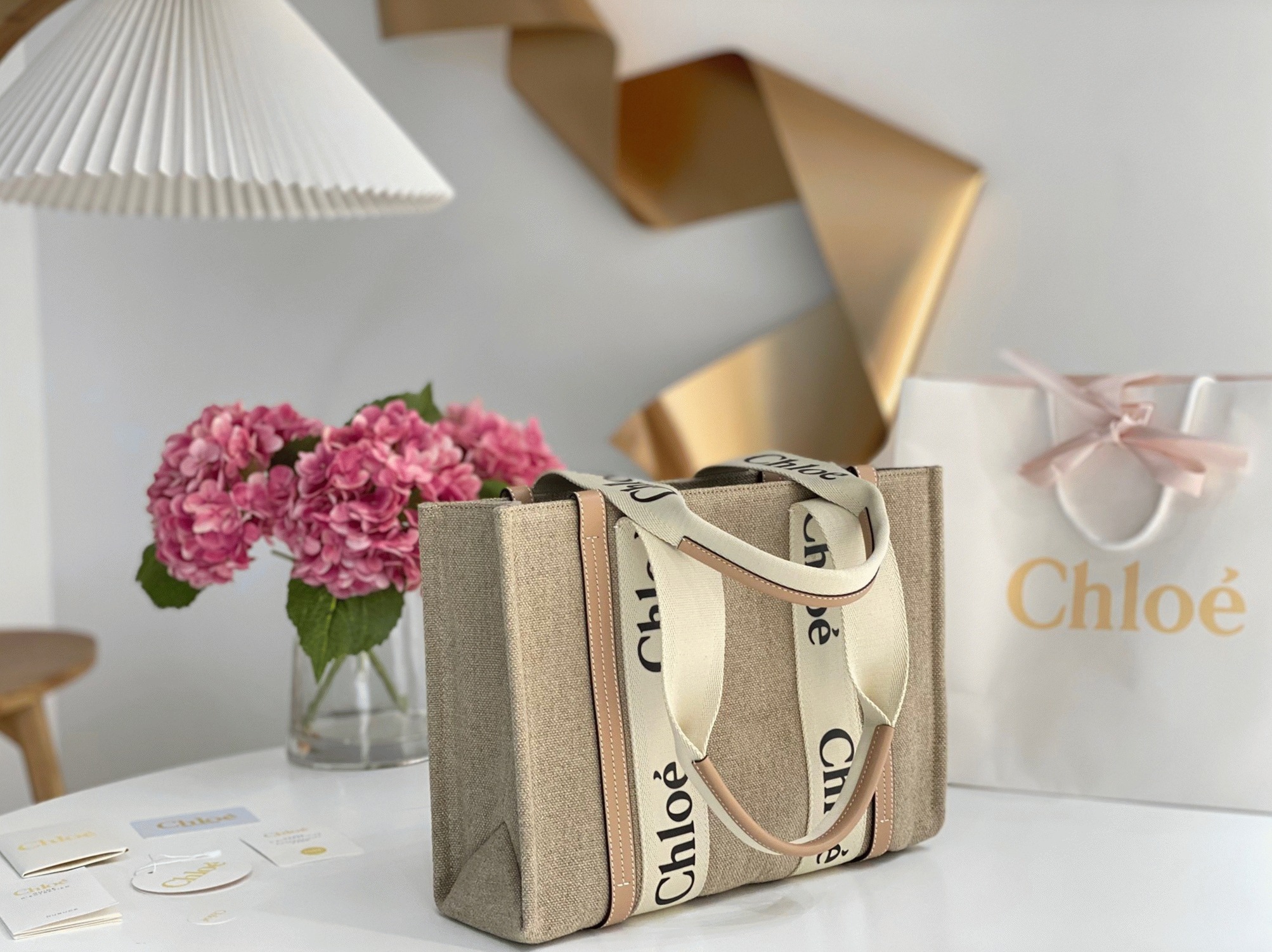 Top Quality Fake Chloe Woody Medium Tote Bag in Linen Canvas with Beige Leather