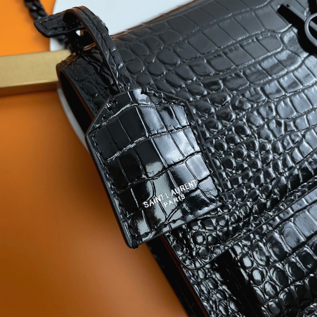 Fake Saint Laurent Sunset Medium All Black Chain Bag Crocodile-embossed Leather