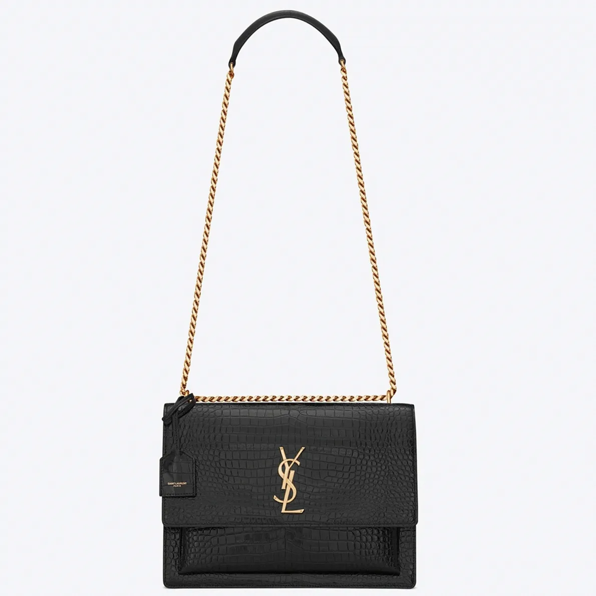 Fake Saint Laurent Sunset Medium Chain Bag Black Crocodile-embossed Leather