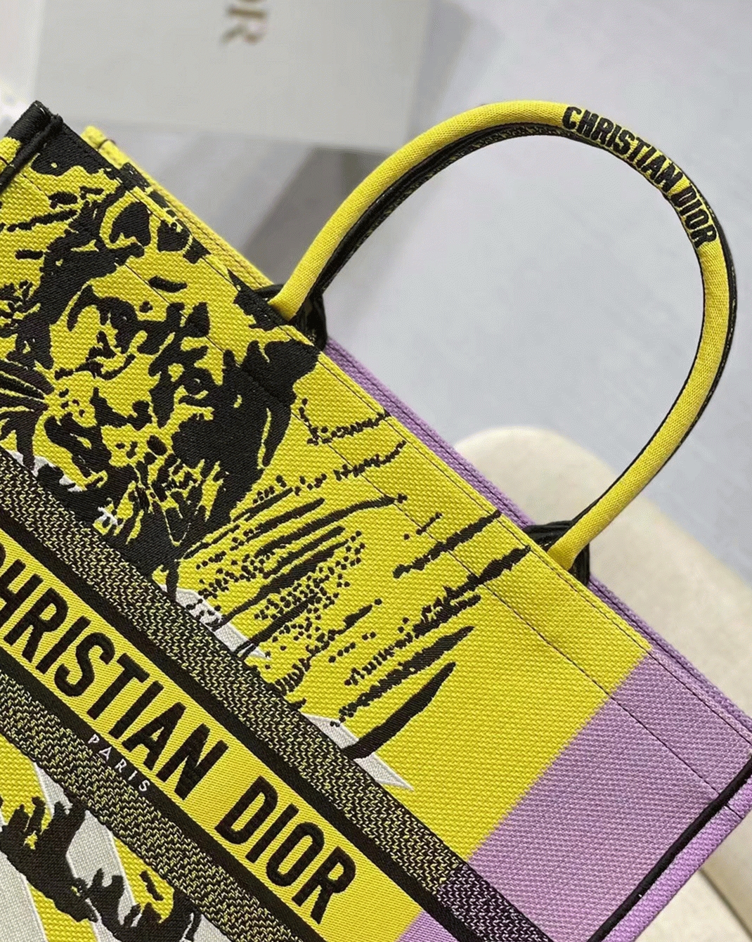 Dior Large Book Tote Bag Faux in Yellow D-Jungle Pop Embroidery