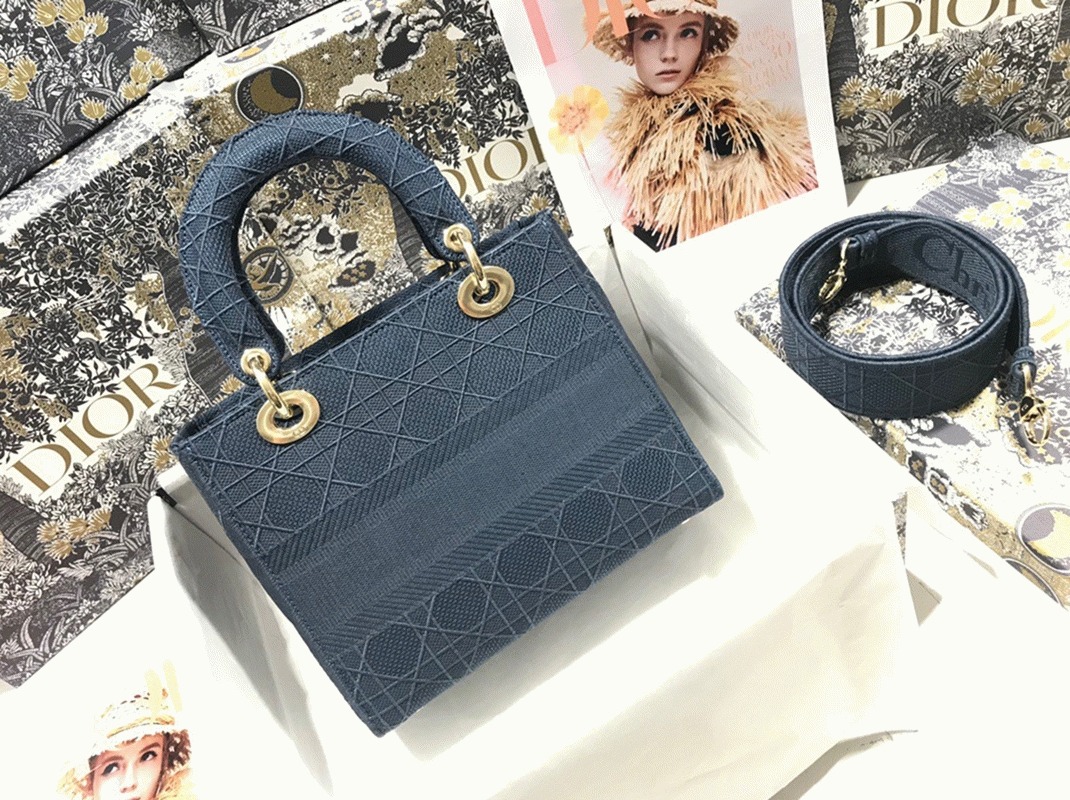 Dior Lady D-Lite Medium Bag Fake in Blue Cannage Embroidered Canvas