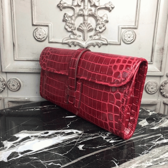 Top luxury dark red crocodile leather replica Hermes Jige Elan clutch bag