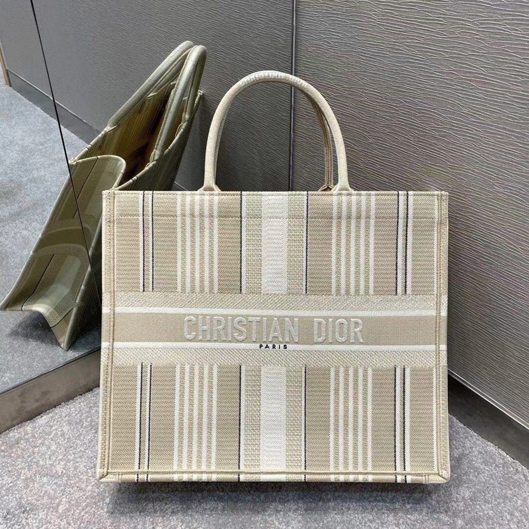 Dior Large Book Tote Bag Replica in Beige Stripes Embroidery