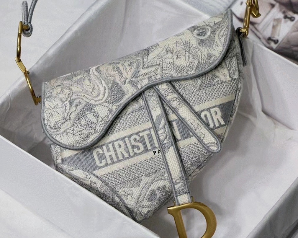 Dior Saddle Bag Fake in Grey Toile de Jouy Embroidery