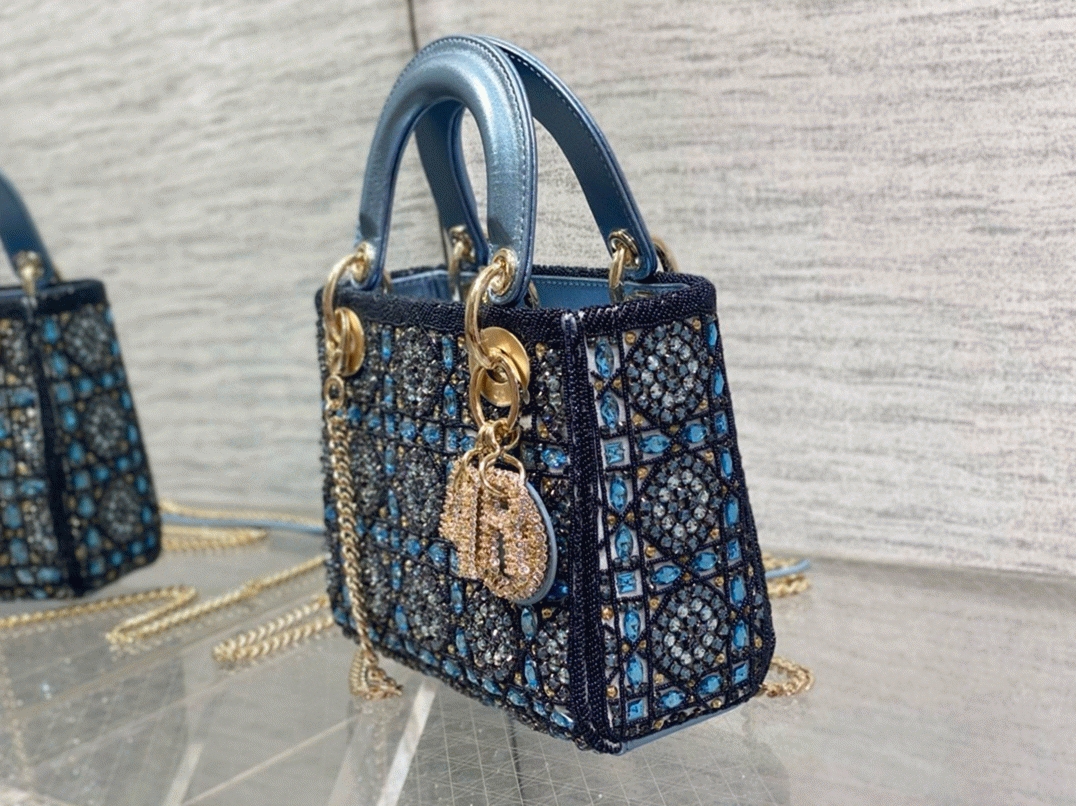 Dior Lady Dior Mini Chain Bag Replica in Satin with Blue Bead Embroidery