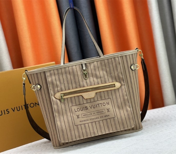 Louis Vuitton Neverfull Bandouliere Inside Out MM Tote In Monogram Canvas And Beige Textile And Leather