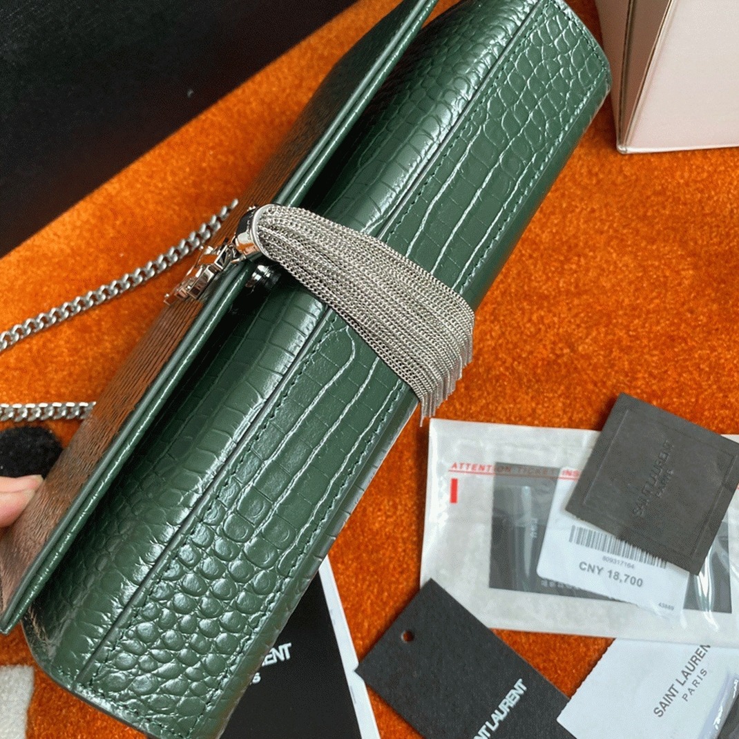 Replica Saint Laurent Kate Medium Tassel Bag Green Crocodile-embossed Leather