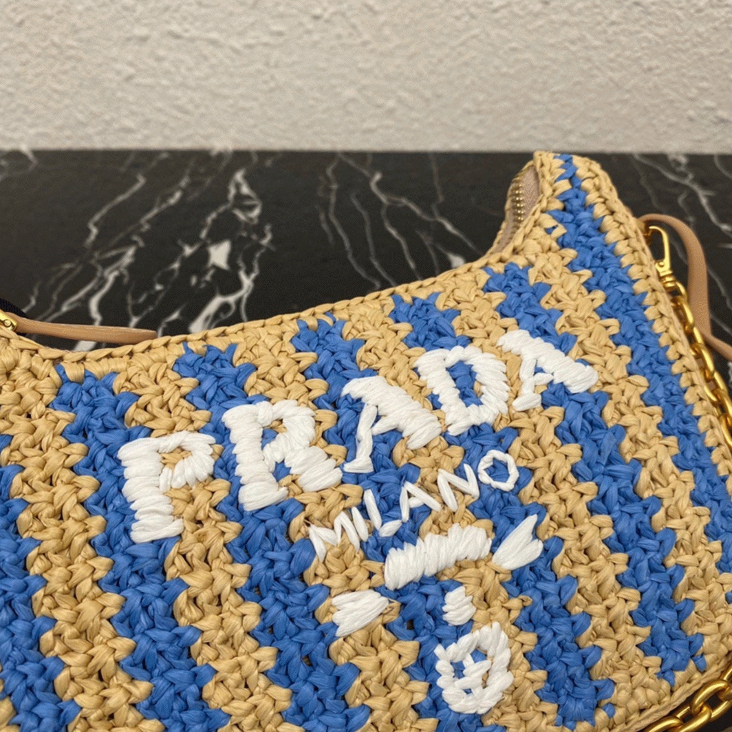 Prada Re-Edition Bag Fake in Beige and Blue Stripe