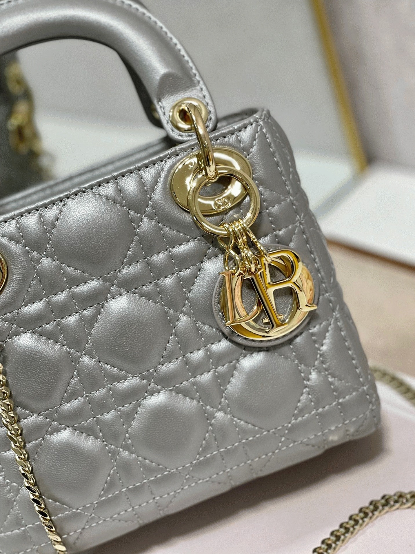 Dior Lady Dior Mini Chain Bag Replica in Grey Pearlescent Lambskin