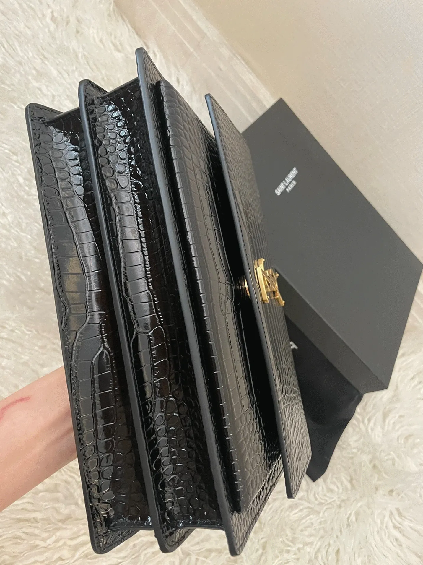Black Croc-Embossed Leather YSL Sunset Medium Chain Replica Bag