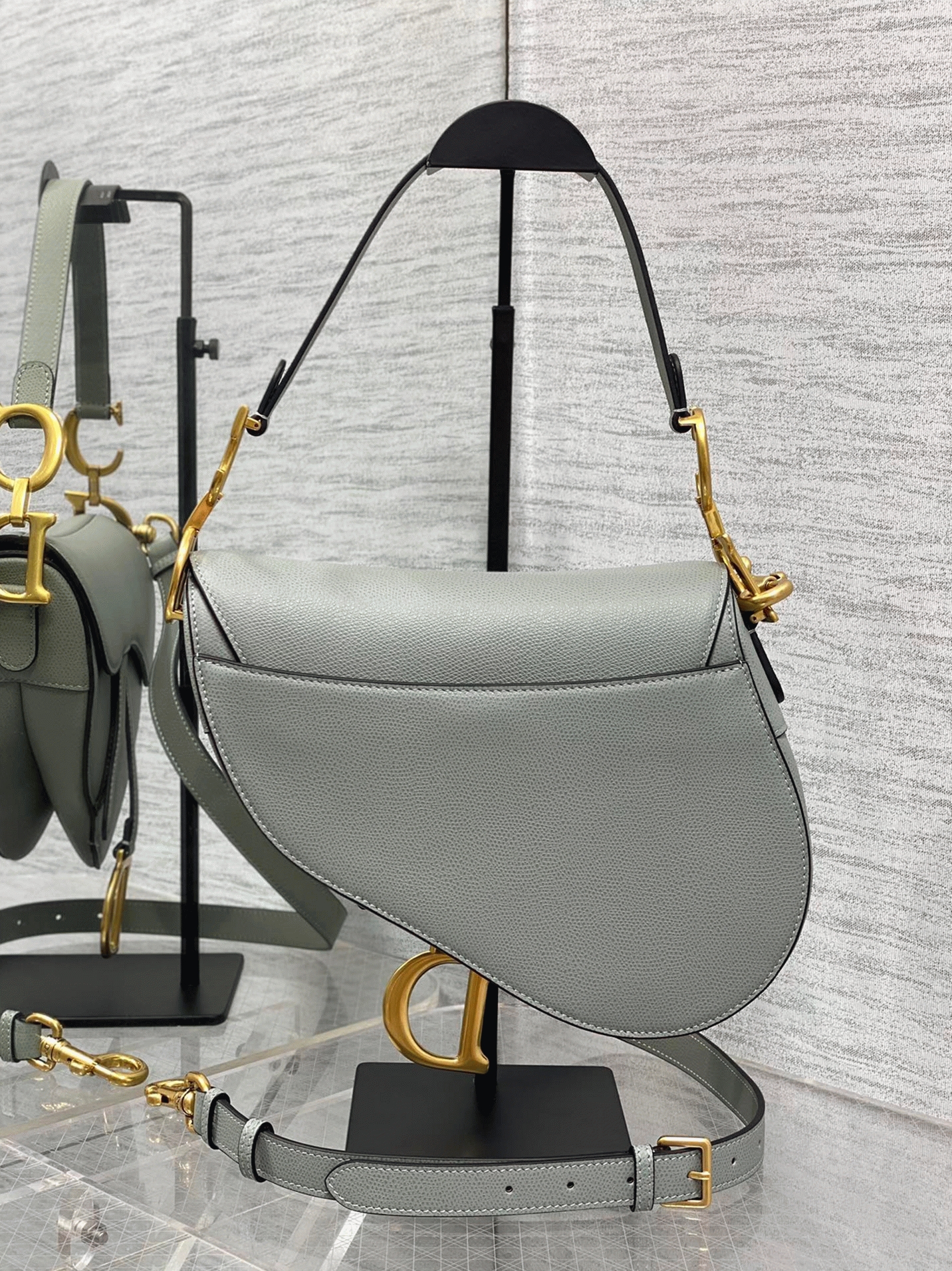 Dior Saddle Bag with Strap Fake in Grey Stone Grained Calfskin