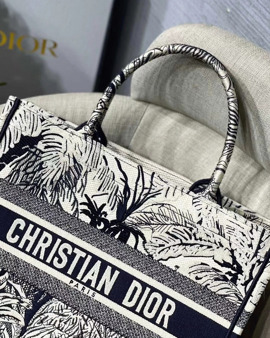 Dior Medium Book Tote Bag Fake in Blue Toile de Jouy Palms Embroidery