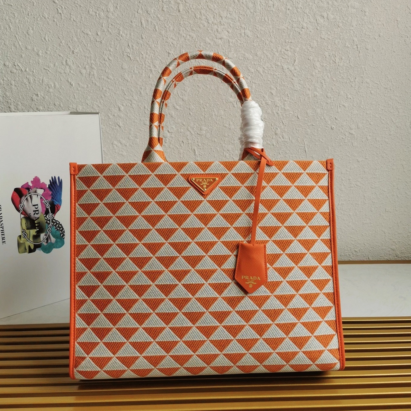 Prada Symbole Large Bag Imitation in Orange/White Jacquard Fabric