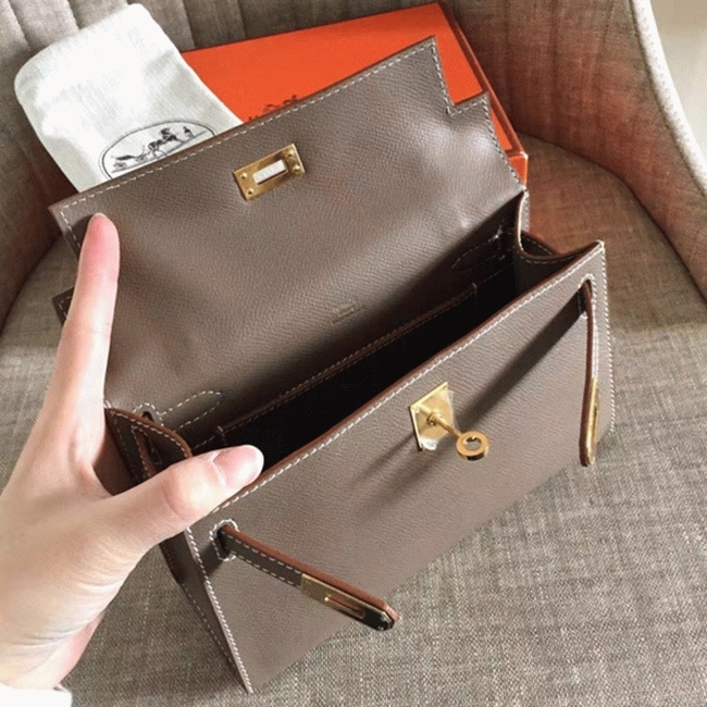Etoupe Epsom Top Replica Hermes Kelly Pochette Mini Handbag