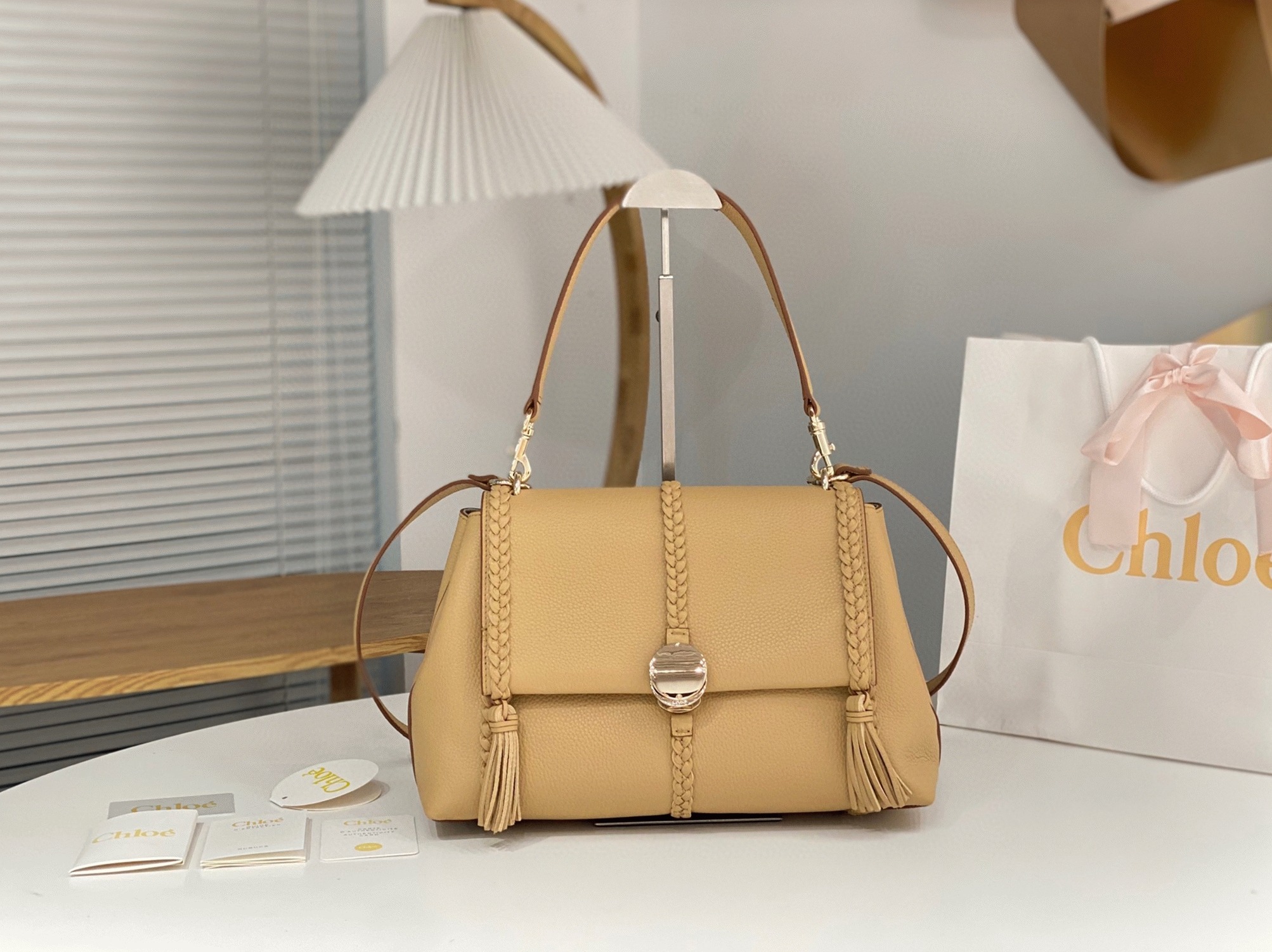 Top Quality Replica Chloe Penelope Medium Shoulder Bag in Beige Grained Calfskin