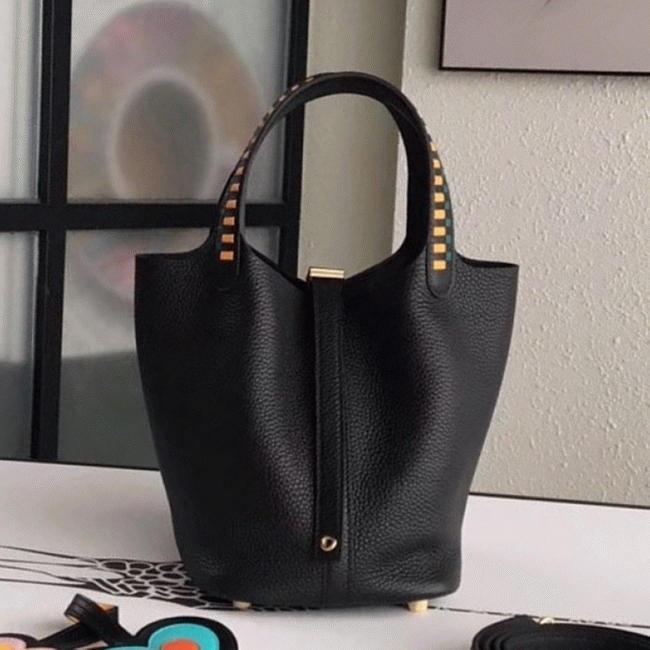 Black 1:1 fake Hermes Picotin Lock 22cm handbag with braided handles