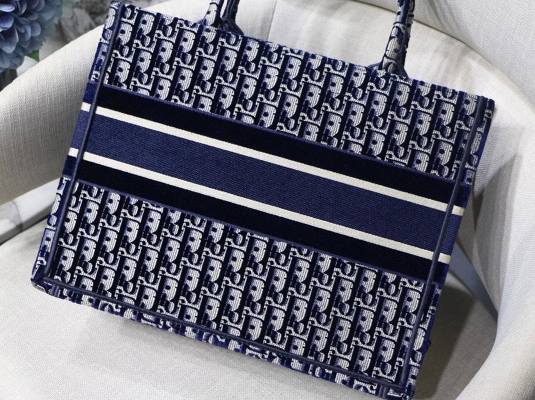 Dior Medium Book Tote Bag Knockoff in Blue Velvet Oblique Embroidered