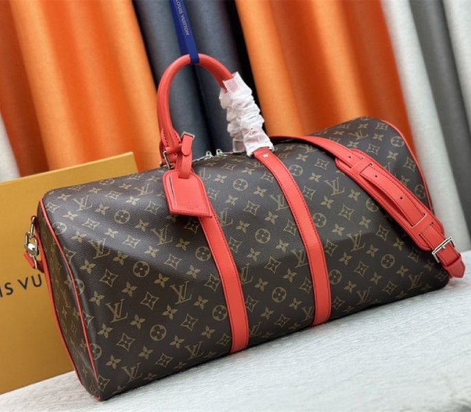 Louis Vuitton Monogram Macassar Canvas Keepall Bandouliere 50 In Red