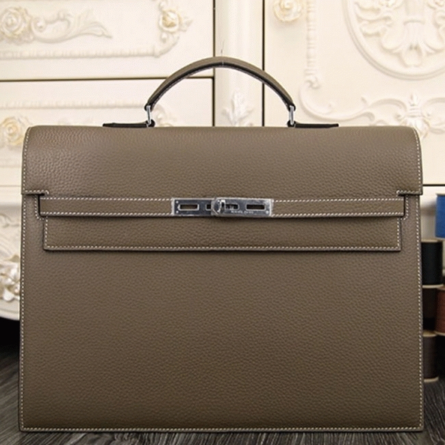 Grey Calf Leather Fake Hermes Kelly Depeche 38cm Briefcase Elegant Bag