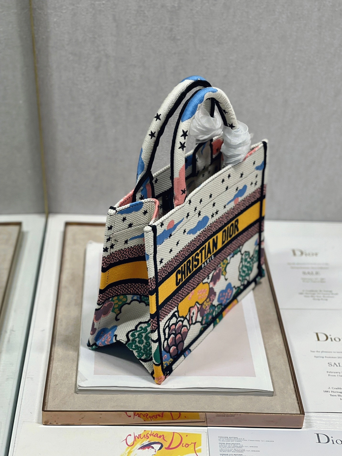 Dior Large Book Tote Bag Faux in White Pixel Zodiac Embroidery