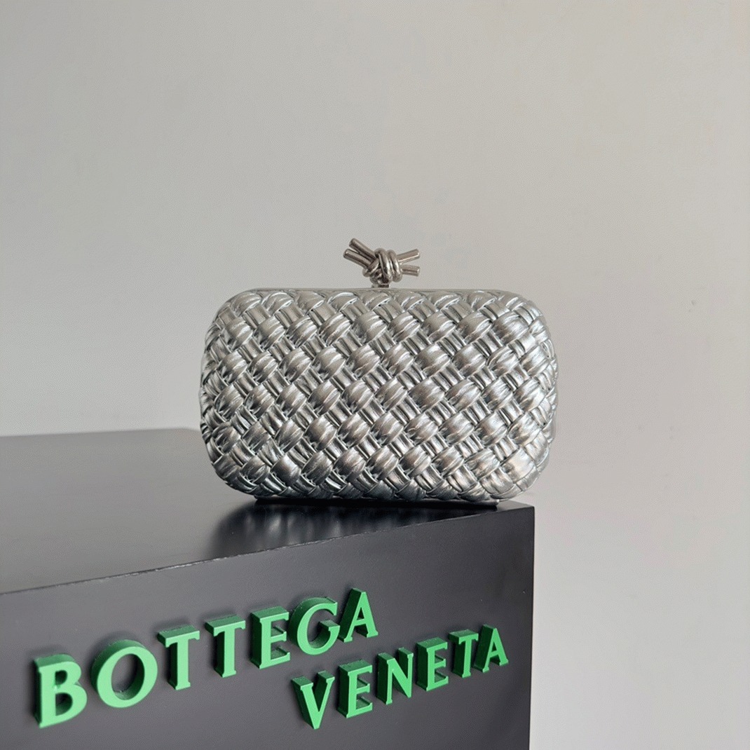 Fake Bottega Veneta Knot Minaudiere Clutch Silver Intreccio