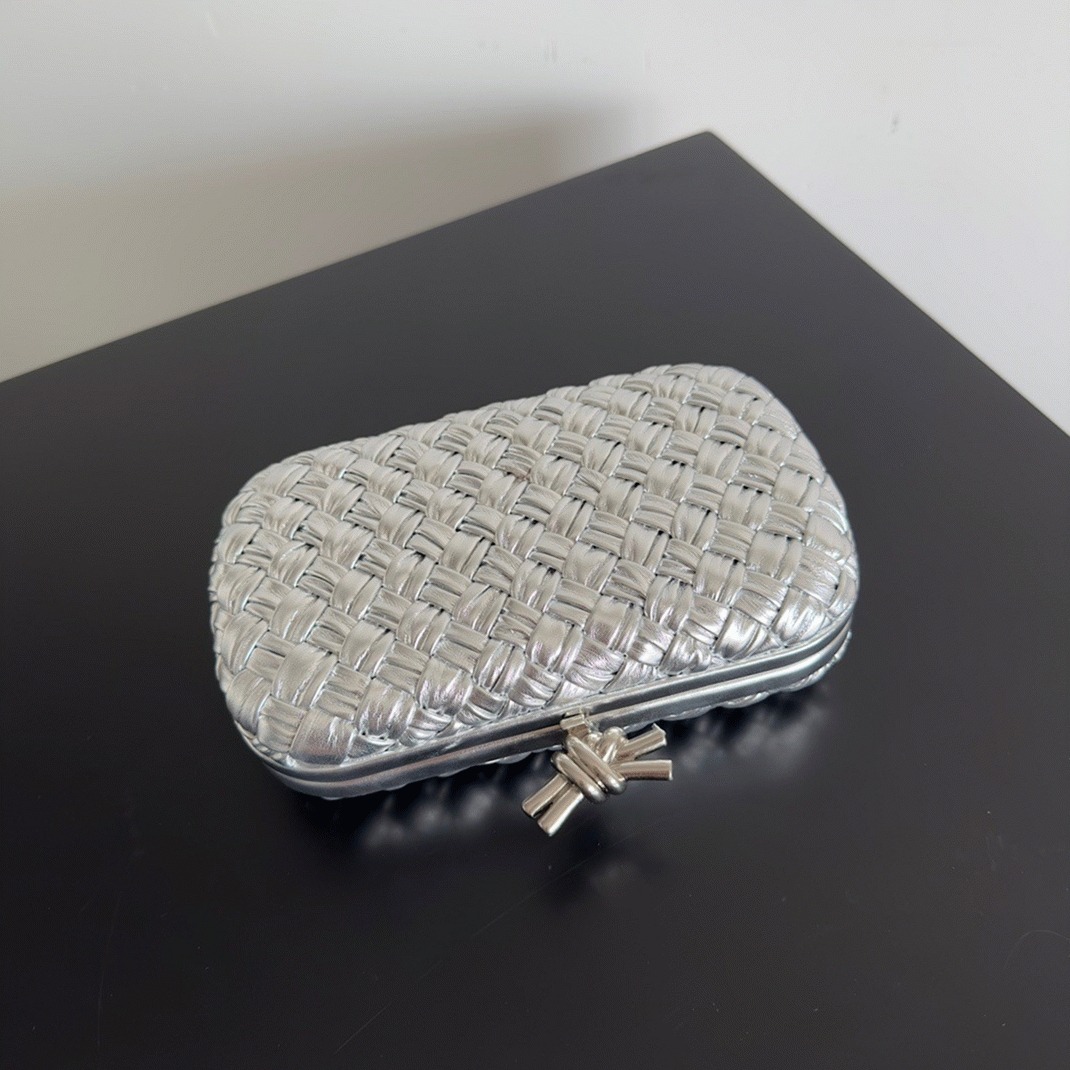 Fake Bottega Veneta Knot Minaudiere Clutch Silver Intreccio