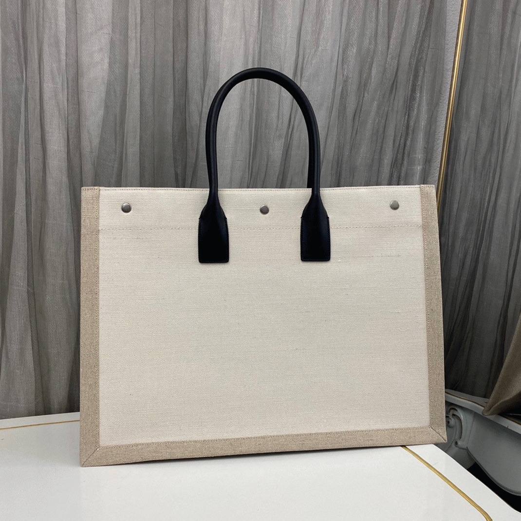 Knockoff Saint Laurent Rive Gauche Tote Bag White Linen and Black Leather