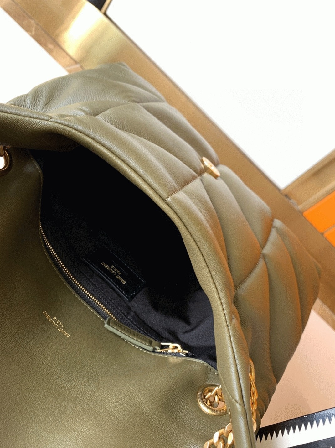 Replica Saint Laurent Puffer Small Chain Bag Army Green Lambskin