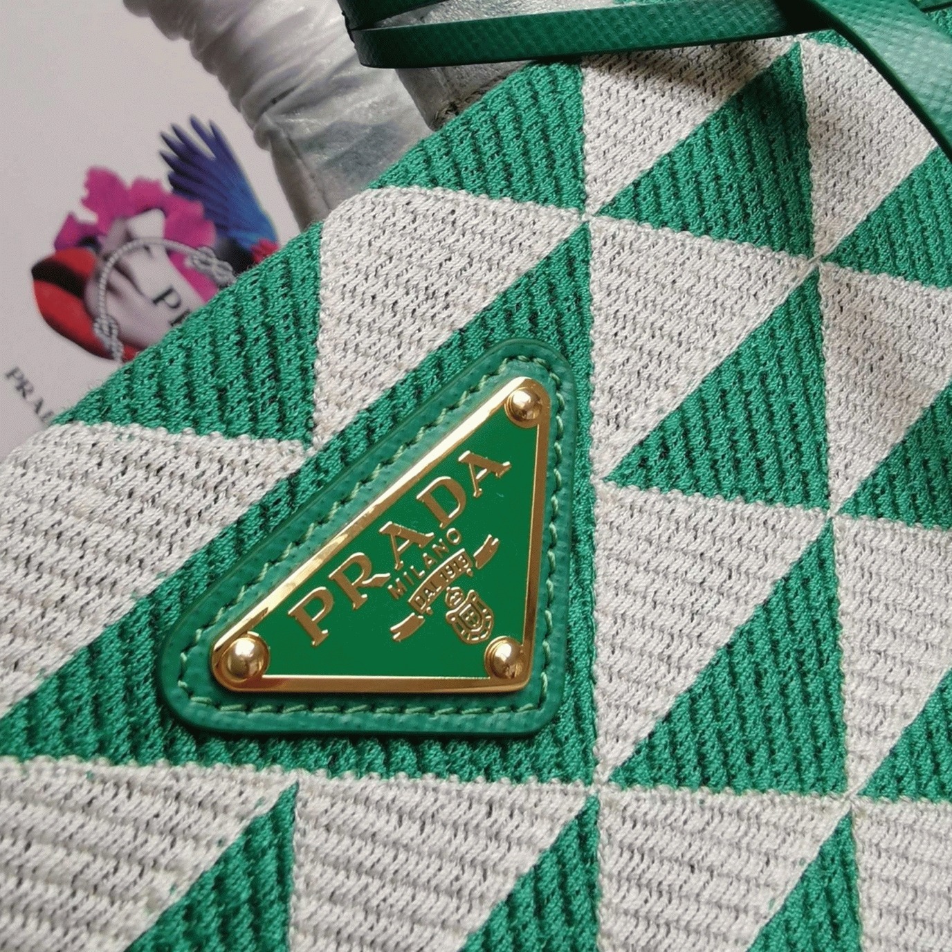 Prada Symbole Small Bag Replica in Green/White Jacquard Fabric