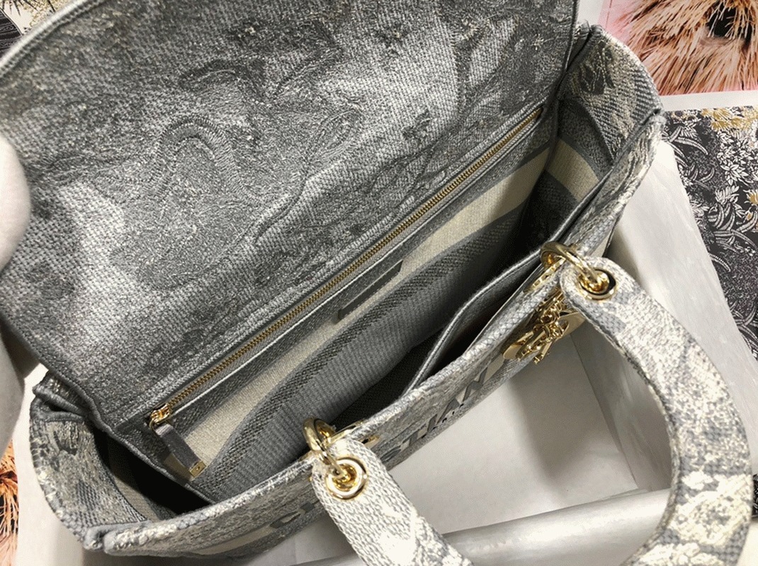 Dior Lady D-Lite Large Bag in Gray Toile de Jouy Reverse Embroidery