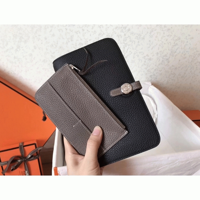 Black taupe knockoff Hermes Dogon duo wallet