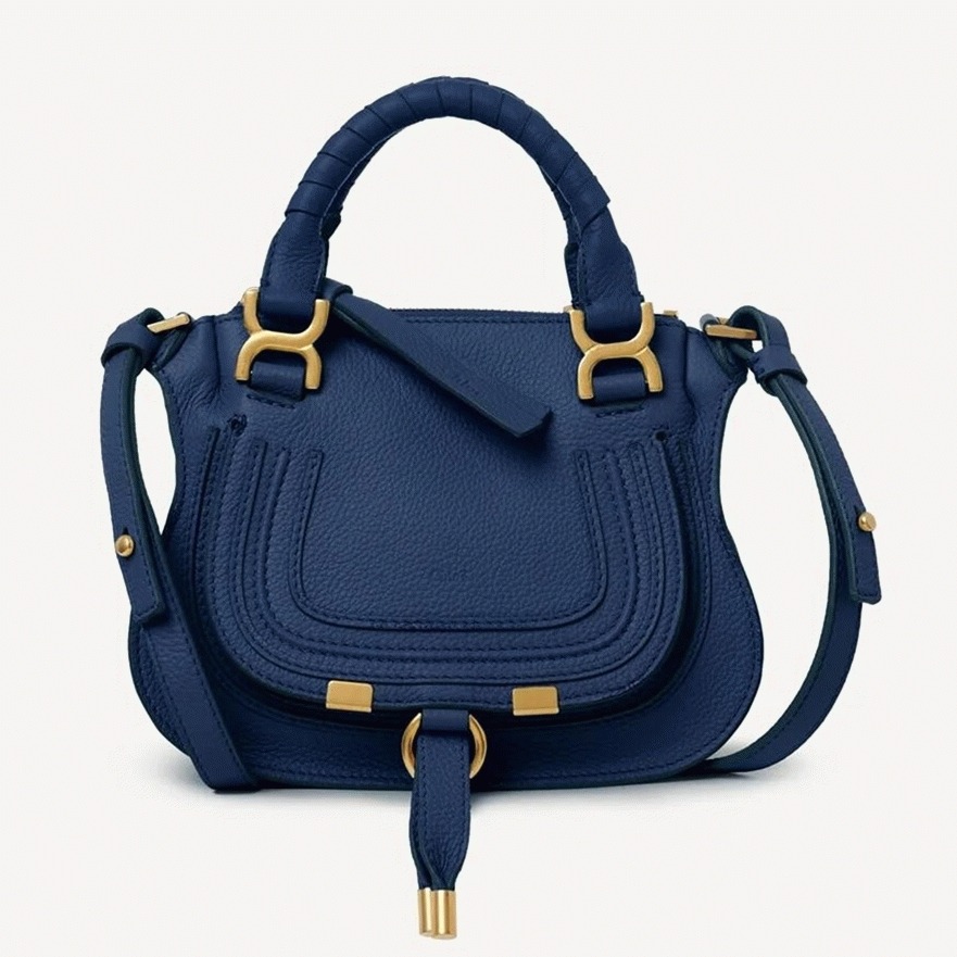 Top Quality Fake Chloe Marcie Mini Double Carry Bag in Blue Grained Leather