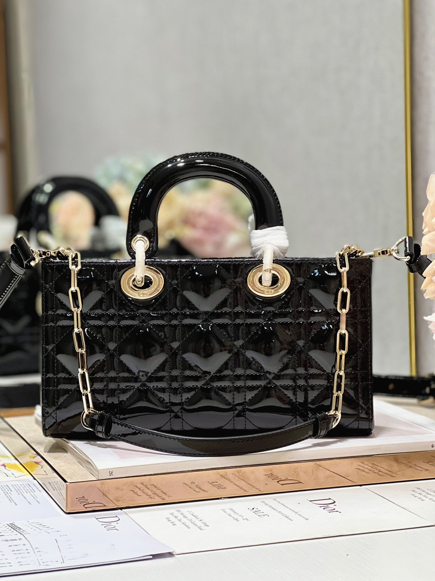 Dior Lady D-Joy Medium Bag Faux in Black Patent Cannage Calfskin