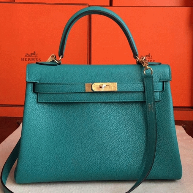 Blue Paon Clemence Fake Hermes Kelly Retourne 32cm Handbag