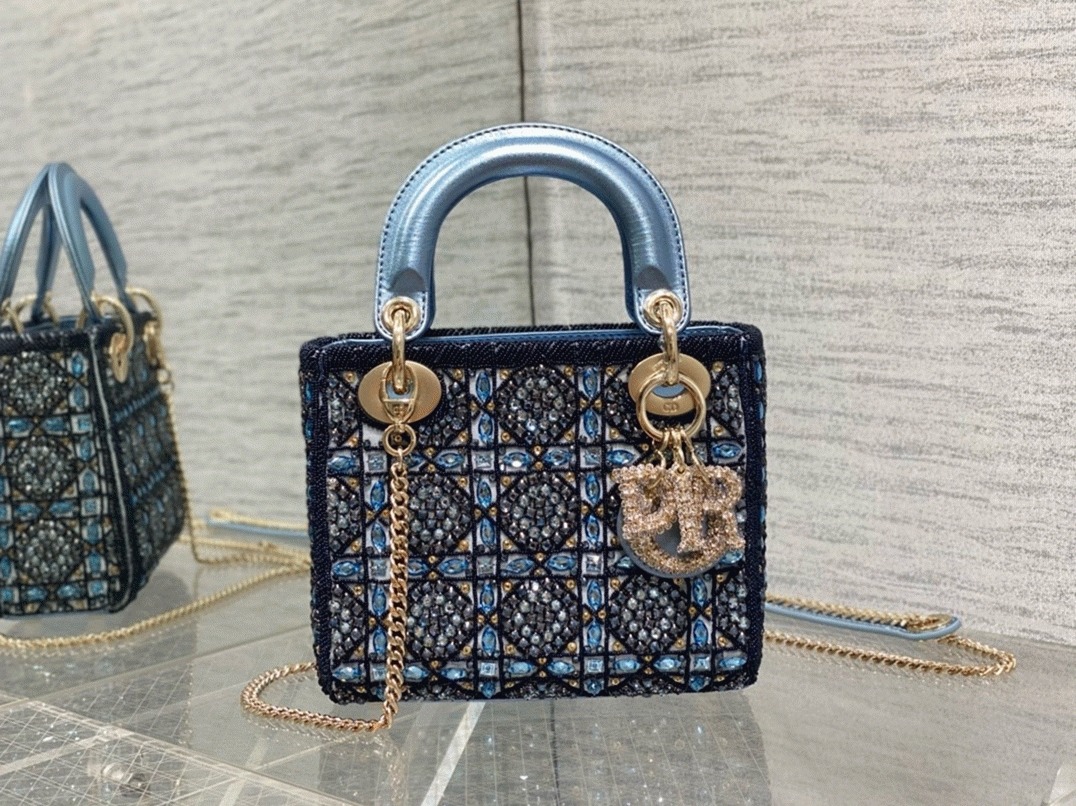 Dior Lady Dior Mini Chain Bag Replica in Satin with Blue Bead Embroidery