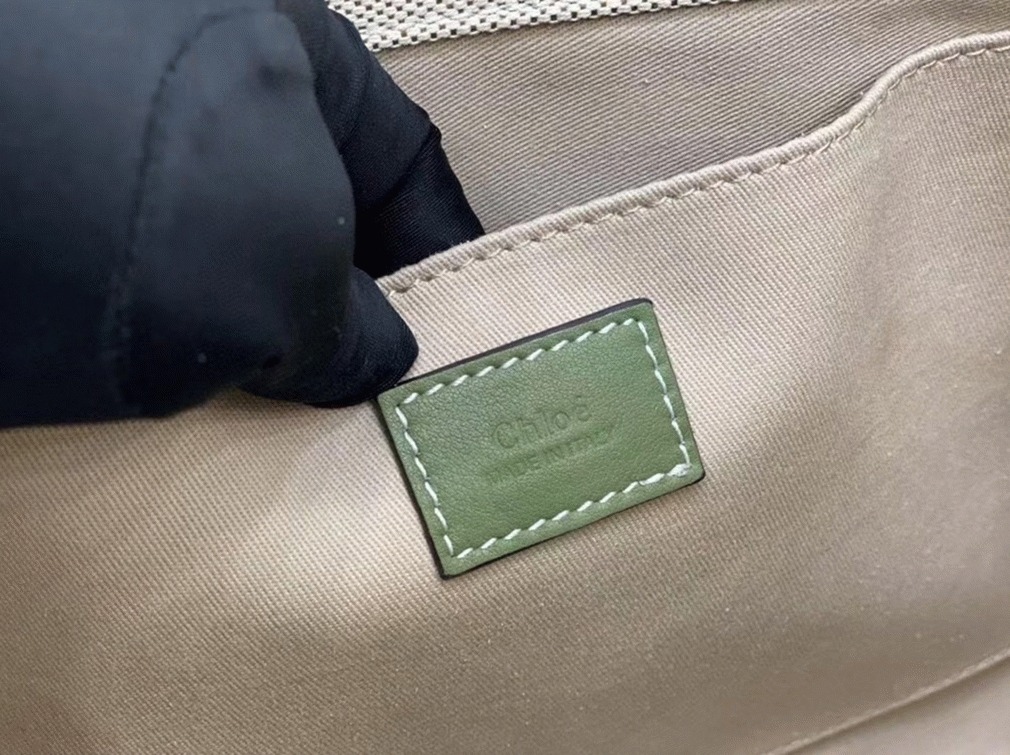 Top Quality Fake Chloe Medium Woody Tote Bag in Canvas with Green Leather Strips