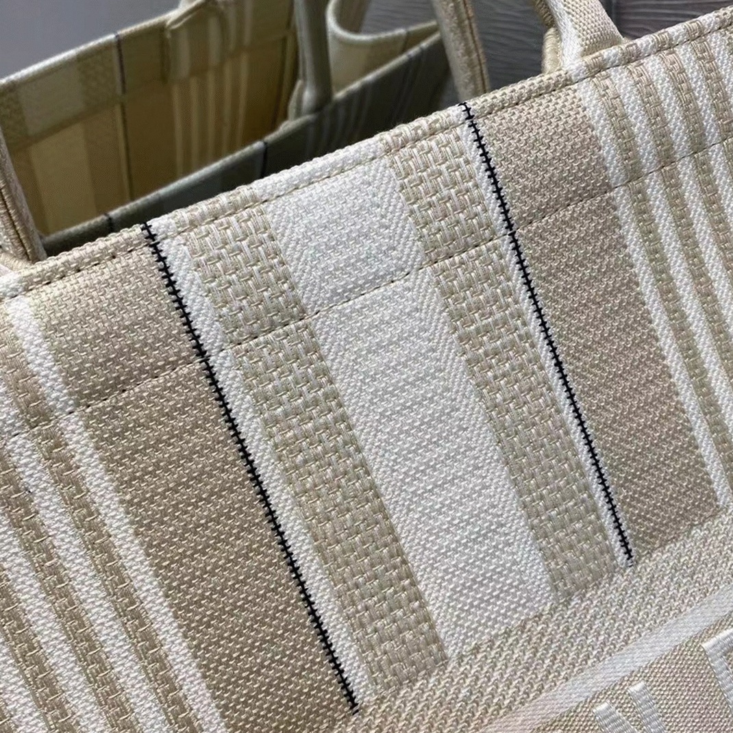 Dior Large Book Tote Bag Replica in Beige Stripes Embroidery