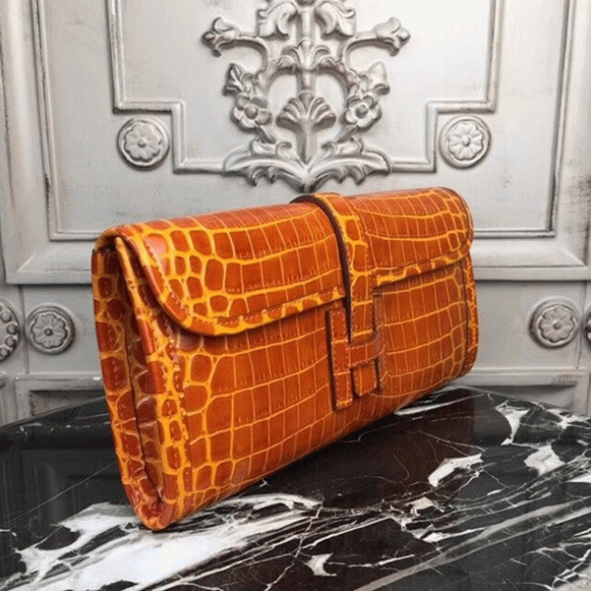 Orange crocodile leather knockoff Hermes Jige Elan clutch bag