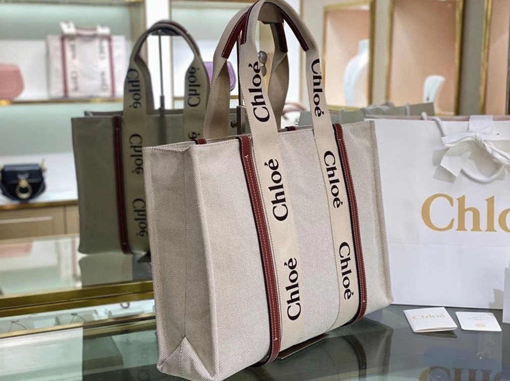 Top Quality Imitation Chloe Large Woody Tote Bag in Canvas with Brown Leather Strips