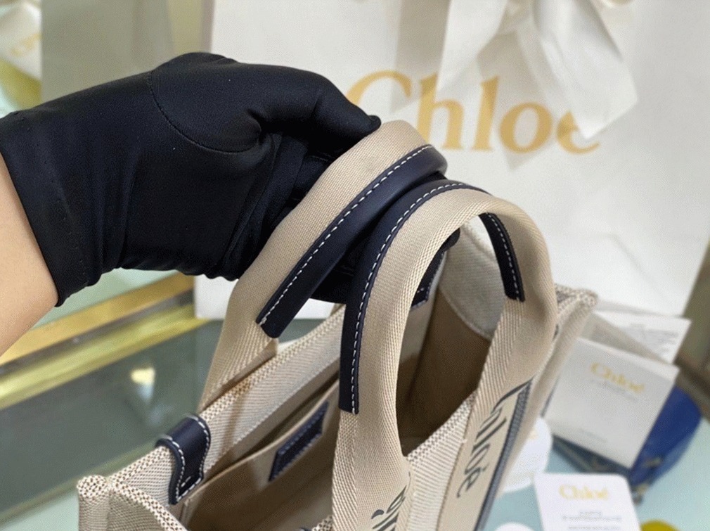 Top Quality Fake Chloe Small Woody Tote Bag in Canvas with Blue Leather Strips